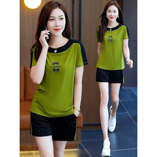 BỘ THỂ THAO NỮ CHẤT THUN ÁO PHỐI MÀU THÊU CHỮ QUẦN ĐÙI LƯNG BO CHUN, SIZE 40KG-70KG - MS A2