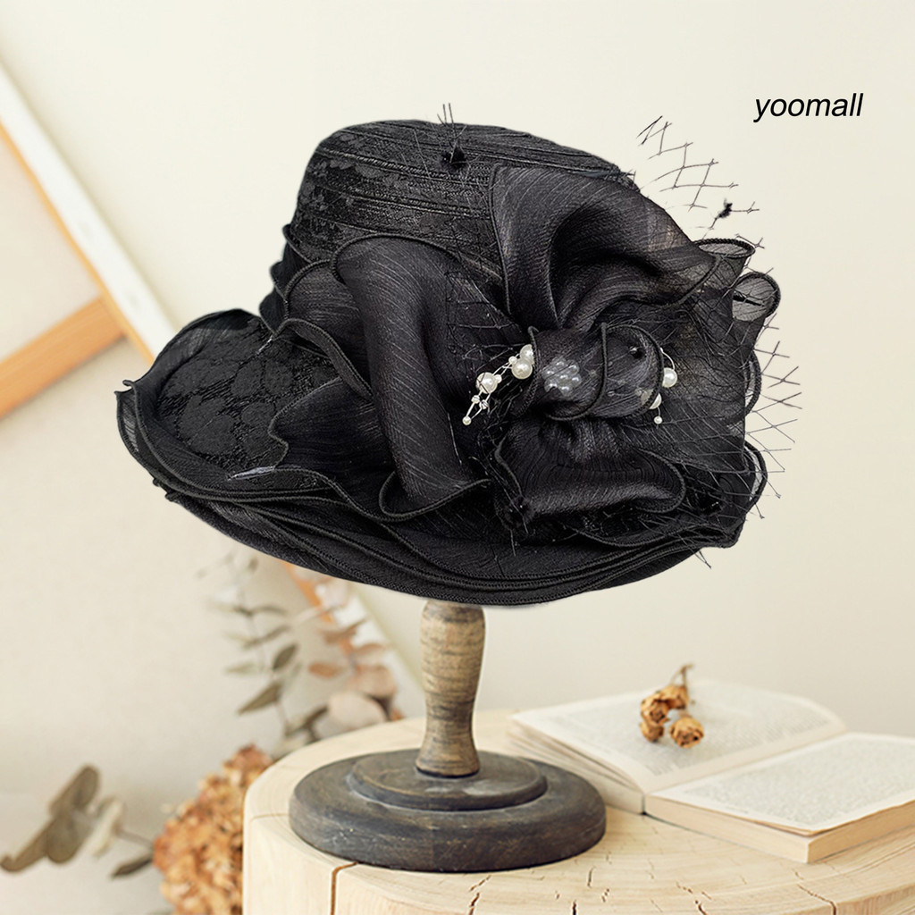 [Yo] Nữ Mũ Ngư Dân Organza Ren Nơ Ngọc Trai Giả Lông Vũ Trang Trí Vintage Phong Cách Hoàng Gia Phẳng Top Chống Tia UV Chống Nắng Dự Tiệc Trang Trọng Dịp Mũ