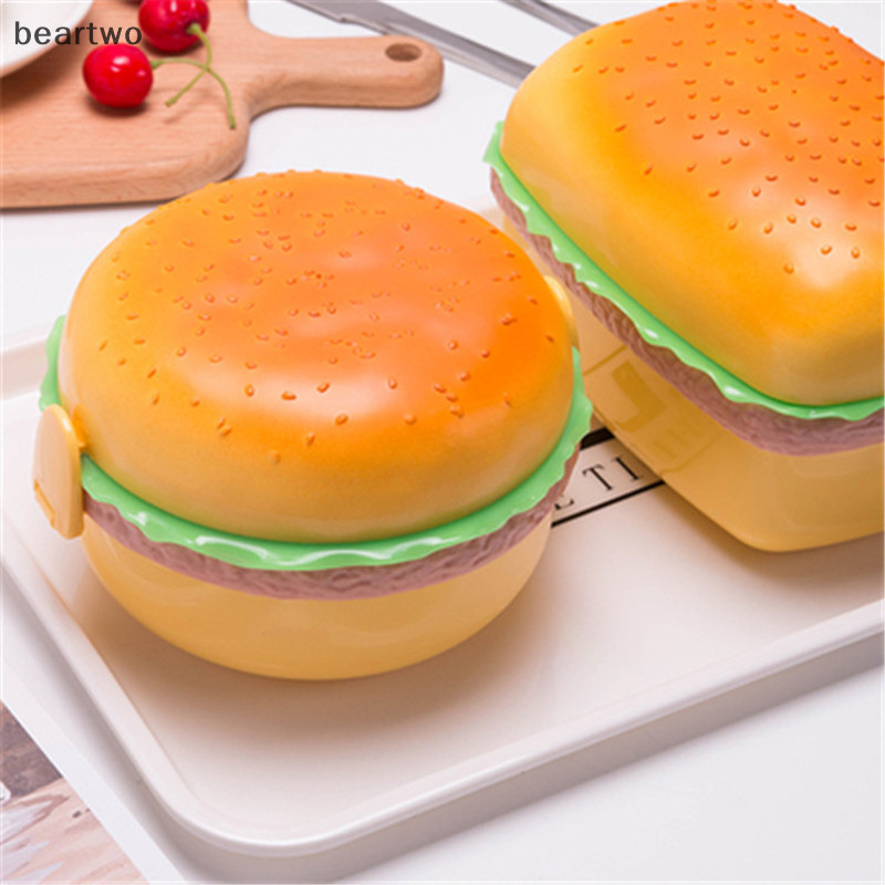 < Beartwo > Hộp Cơm Trưa Hamburger Hai Tầng Dễ Thương Burger Bento Hộp Lò Vi Sóng Trẻ Em Đi Học Hộp Đựng Thực Phẩm Nĩa Bộ Đồ Ăn Quà Tặng Đẹp