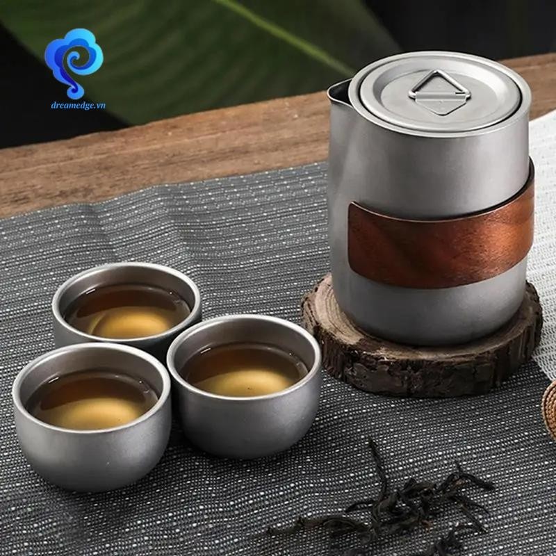 Bộ trà Trung Quốc di động hai lớp, gồm ấm và 3 cốc, kèm hộp bảo quản
