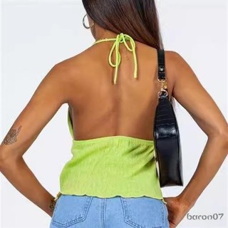 Phụ Nữ Cổ Dây Crop Tops Mùa Hè Màu Băng Mở Mặt Trước Không Tay Áo Dạo Phố