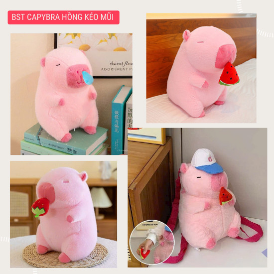 Capybara Dâu Tây Capybara Hồng Kéo Dâu Tây Dễ Thương Gấu Capybara Màu Hồng Mũi Dâu Tây Chất Liệu Vải Lông Cao Cấp