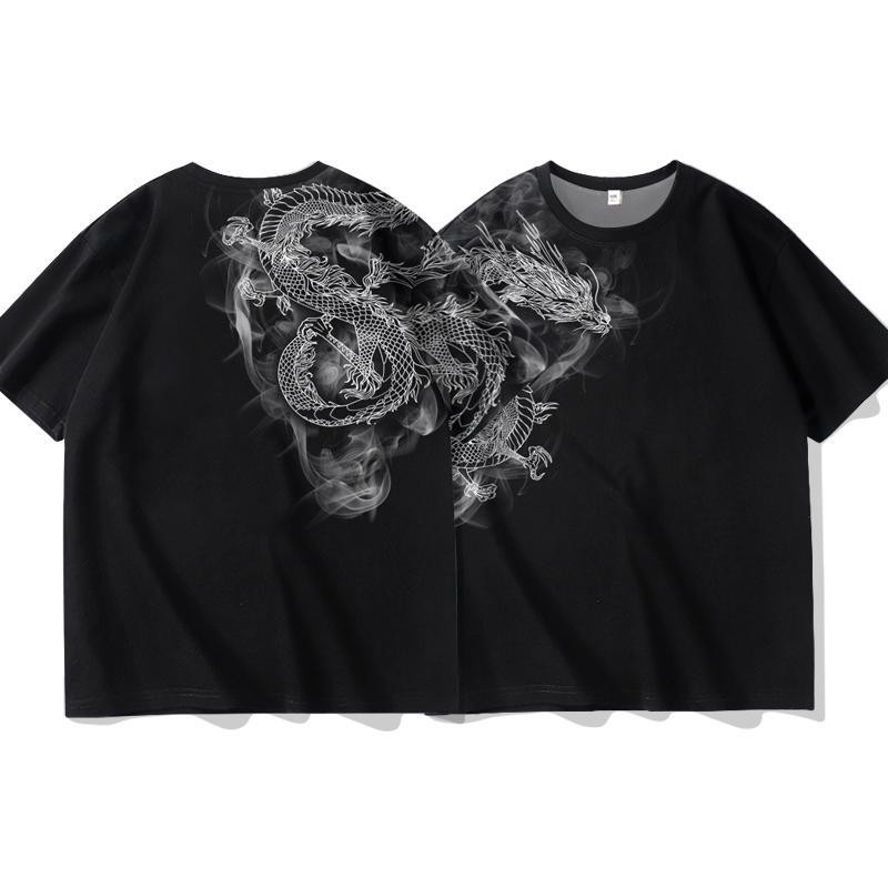 Chinese Style Trendy Dragon T-shirt Men's Loose plus Size Casual Short-Sleeved Top Fashion All-Match T-shirt Breathable Quick-Drying