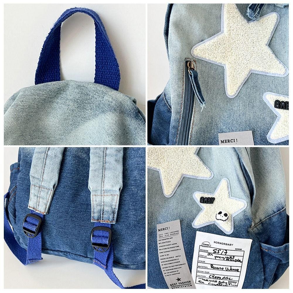 HOBBYIN Ba lô ngôi sao Denim HOBBYIN, Ba lô đi học công suất lớn họa tiết ngôi sao, Túi du lịch thời trang Unisex Y2K All Match ngoài trời