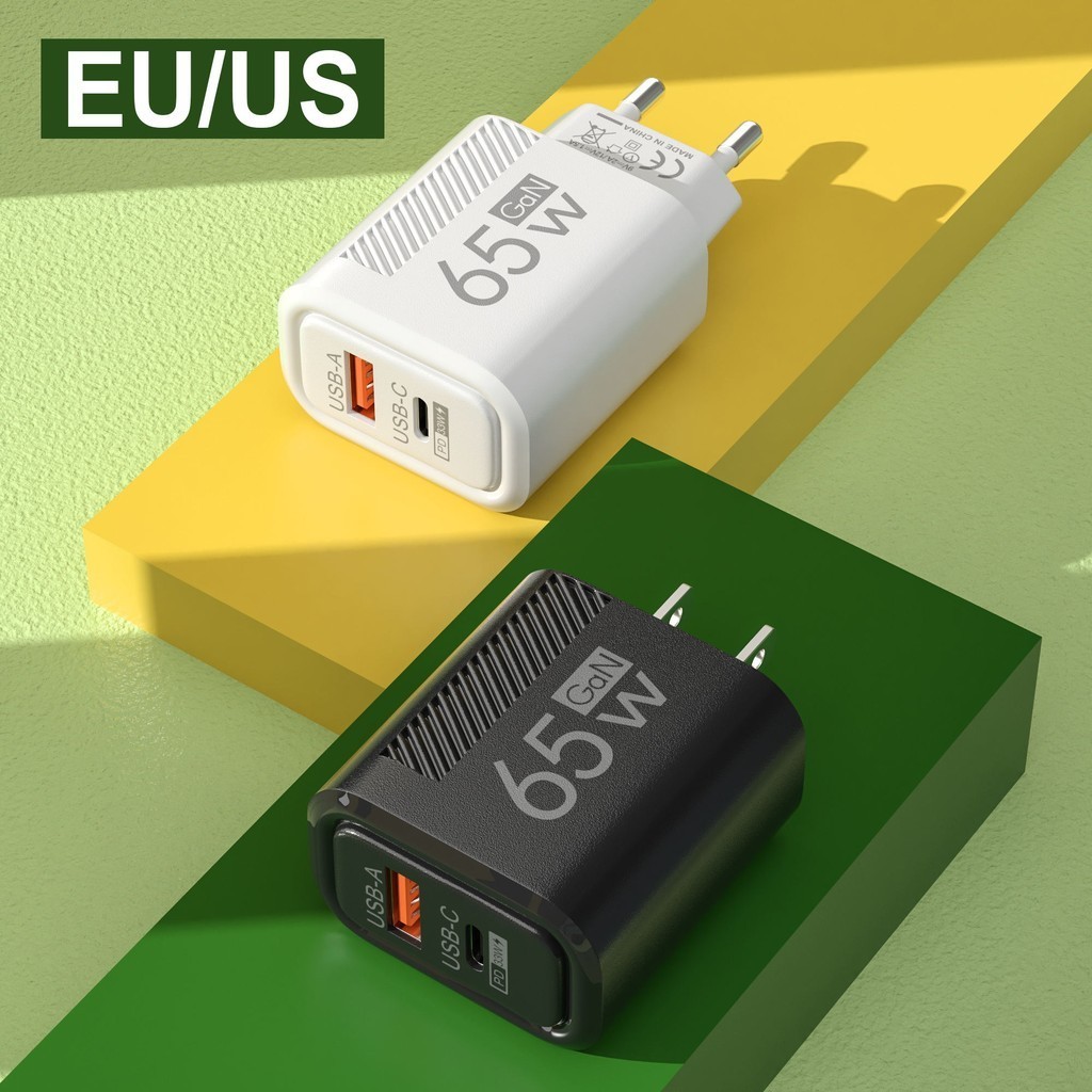 Bộ chuyển đổi nguồn 65W PD + QC có cáp - Bộ sạc điện thoại đa năng - Khối sạc nhanh 2 cổng - Bộ sạc tường USB-A Type-C - Đa cổng, An toàn, Trắng, Đen