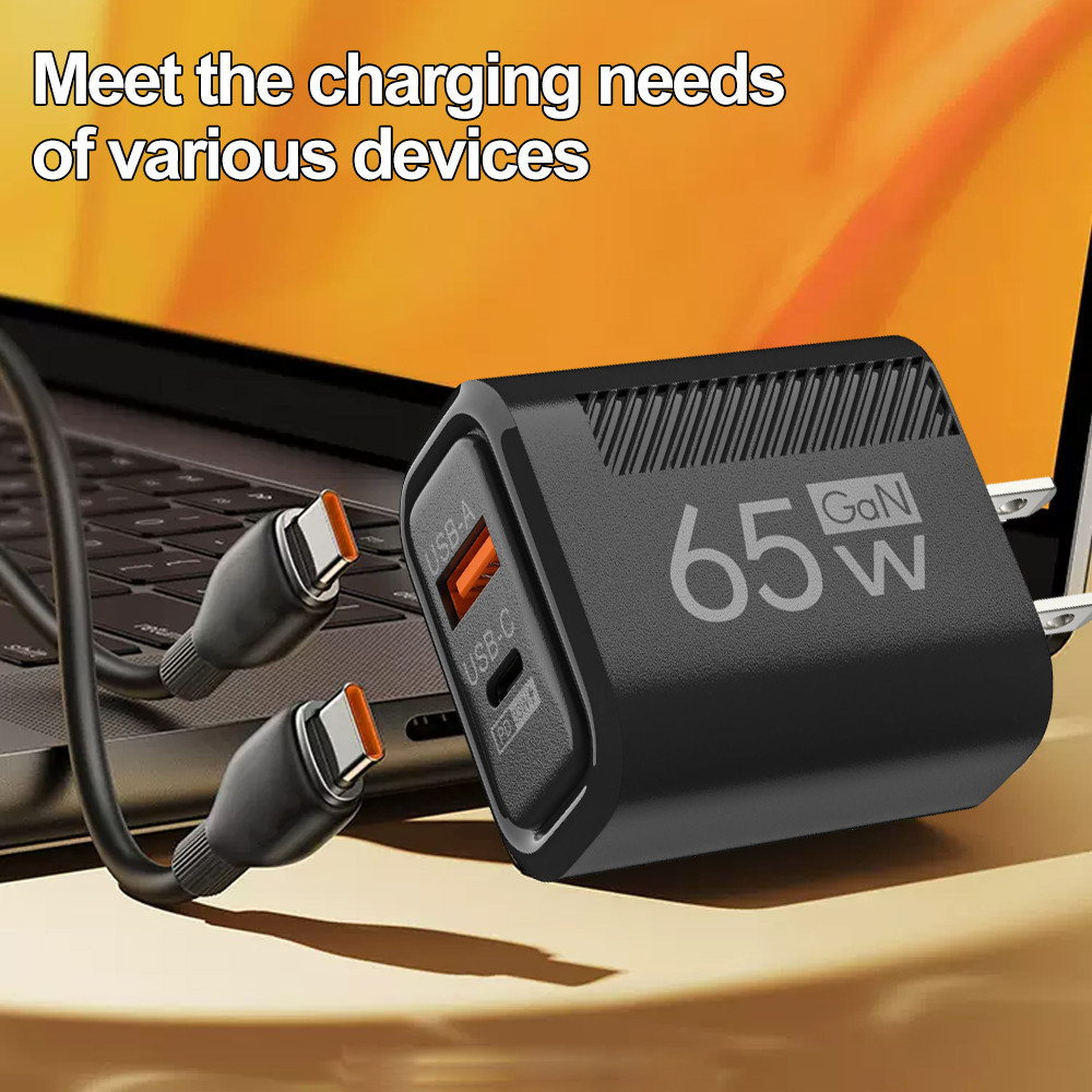 Bộ chuyển đổi nguồn 65W PD + QC có cáp - Bộ sạc điện thoại đa năng - Khối sạc nhanh 2 cổng - Bộ sạc tường USB-A Type-C - Đa cổng, An toàn, Trắng, Đen