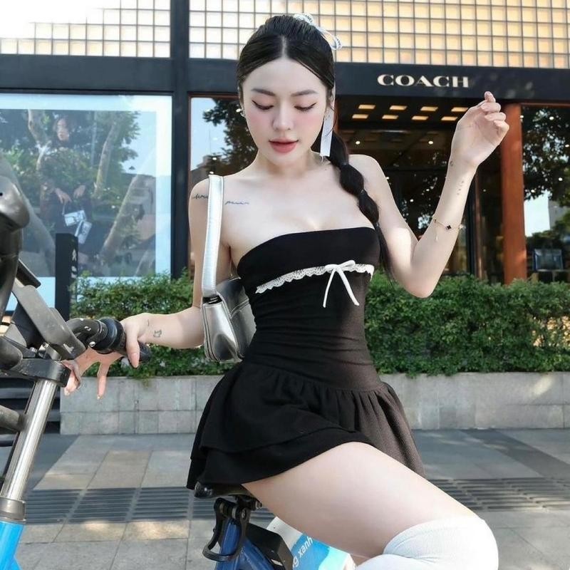 (Kèm Quần) Đầm Ống Cúp nguc Viền Ren Đính Nơ D128