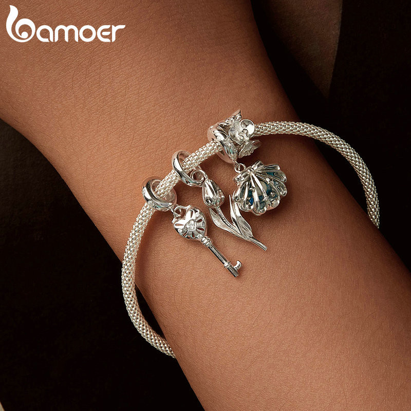 Bamoer 925 Sterling Sliver Charm Bướm Tulip Phalaenopsis Mặt Dây Chuyền Phụ Kiện Cho Vòng Tay