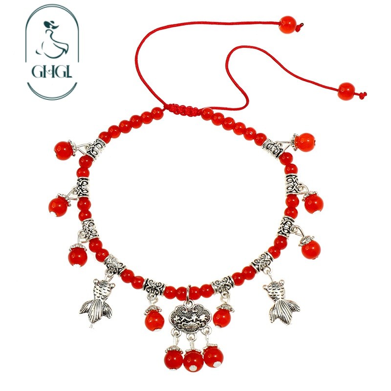 G GHGl Hàng có sẵn Quà tặng năm mới cho gia đình Dây đỏ Mã não đỏ tự nhiên Vòng chân Khóa an toàn cổ điển Chuông tua rua Phụ kiện vòng chân năm
