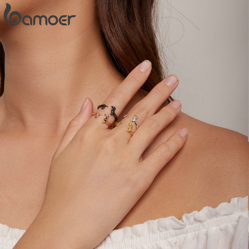 Bamoer Bạc 925 Dễ Thương Dachshund Nhẫn Chất Liệu Không Gây Dị Ứng Nữ Mở Nhẫn Trang Sức Thời Trang Quà Tặng