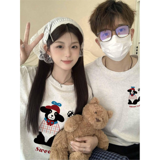 Áo thun ngắn tay 100% cotton dành cho cặp đôi váy mùa hè nữ 2024 mới màu trắng xám dễ thương chó ngắn tay niche rộng rãi nam nữ có cùng mẫu
