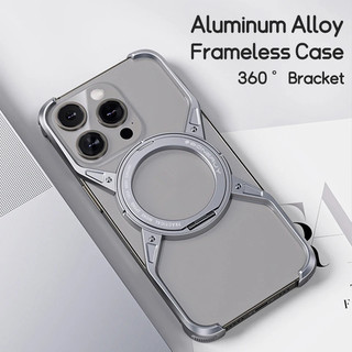 [JLK] Magnetic Metal Aluminium Alloy Frameless Phone Case For iPhone 14 13 15 Pro Max With 360° Stand Anti Drop Shockproof Metal Cover