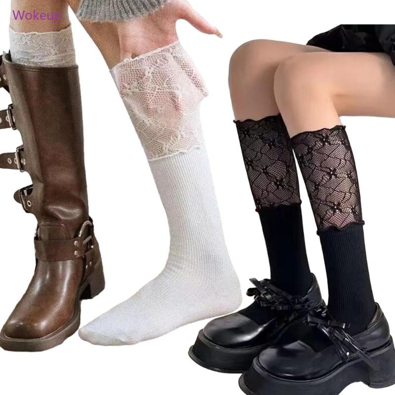 Woke Nữ Ngọt Ngào Ren Chắp Vá Ruffle Bắp Chân Tất Màu Trơn Ống Dài Boot Tất