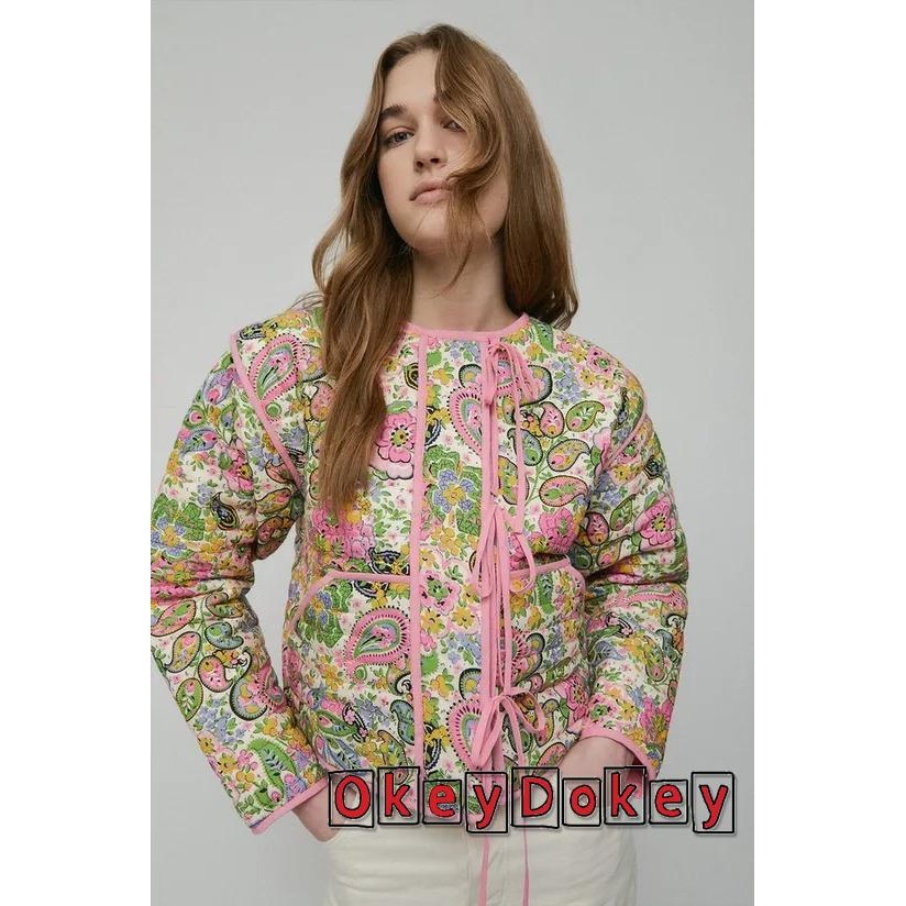 Okdk-nữ Paisley In Quilted Tie Áo Khoác Trước Mùa Đông Thanh Lịch Dài Tay Buộc Hoa Ấm Áp Áo Khoác Thường Ngày