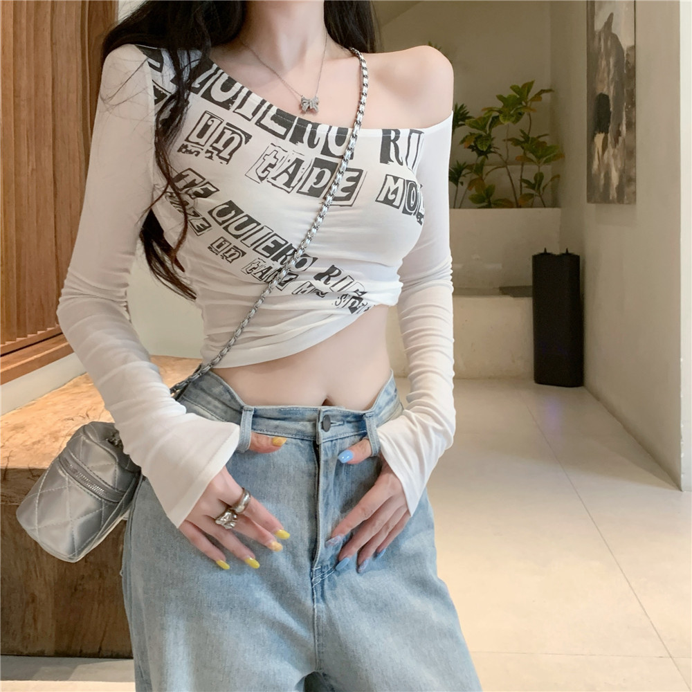 Milyfashion Pure Desire Sweet Hot Girl Một Vai Slanted Vai T Không Đều Dài Tay Niche Ngắn Top