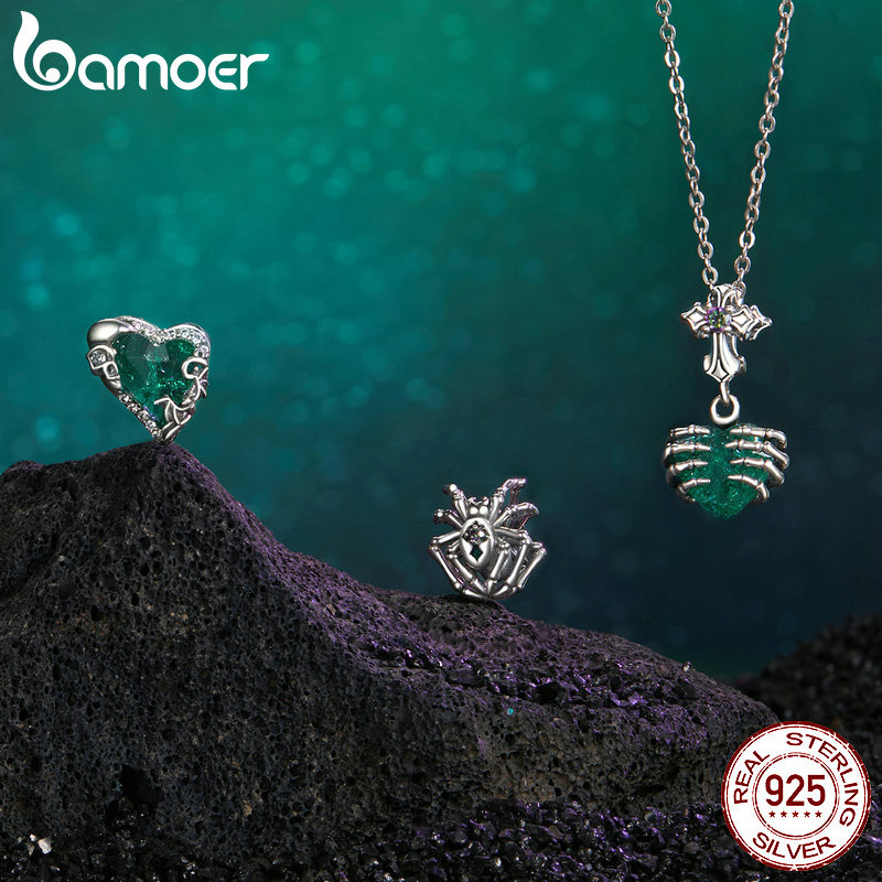 Bamoer 925 Sterling Sliver Charm Halloween Skull Xanh Trang Sức Thời Trang Quà Tặng Cho Trẻ Em Nam