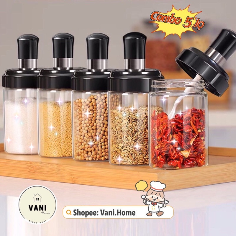 Lọ đựng gia vị thủy tinh - Hũ đựng gia vị có thìa thông minh
