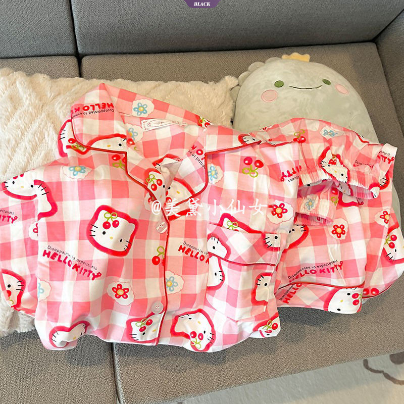 Ins Bộ Đồ Ngủ HelloKitty Dễ Thương Nữ Mùa Hè Sọc Ngắn Tay Quần Short Nhật Bản Mỹ Bé Gái Homewear Suit [BL]