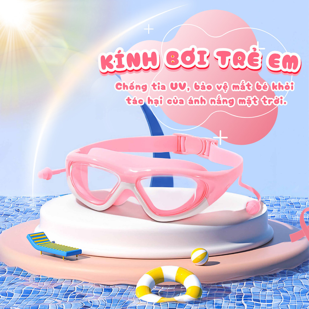 Kính bơi trẻ em từ 3-15 tuổi, silicon cao cấp, có nút bịt tai, chống nước và chống sương mù HD