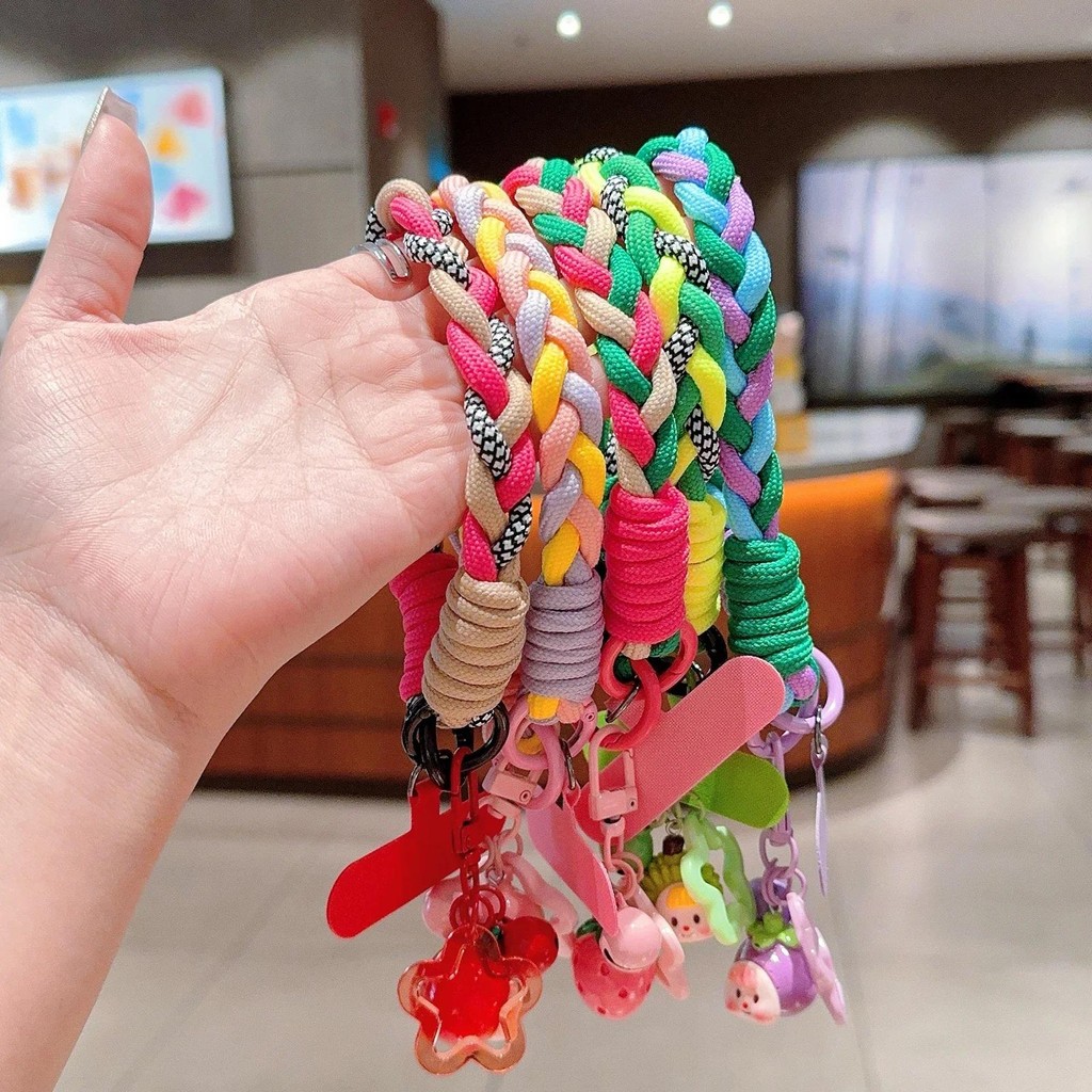 INS Dễ Thương Sáng Tạo Hoạt Hình Điện Thoại Di Động Đa Năng Dây Đeo Cổ Tay Ba Màu Tay Dệt Tay Dây Treo Điện Thoại Phụ Kiện