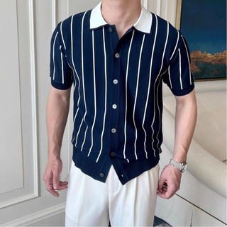 Áo sơ mi nam phong cách Hàn Quốc, họa tiết sọc, short sleeve, chất liệu dệt kim, phù hợp mùa hè