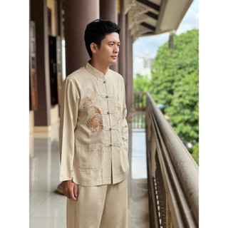 Set linen nam đi chùa thêu rồng, pháp phục trung niên