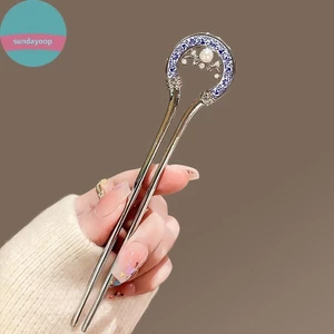 Kẹp tóc hình chữ U retro xanh trắng sứ, kết hợp ngọc trai và kim loại, phù hợp với hanfu