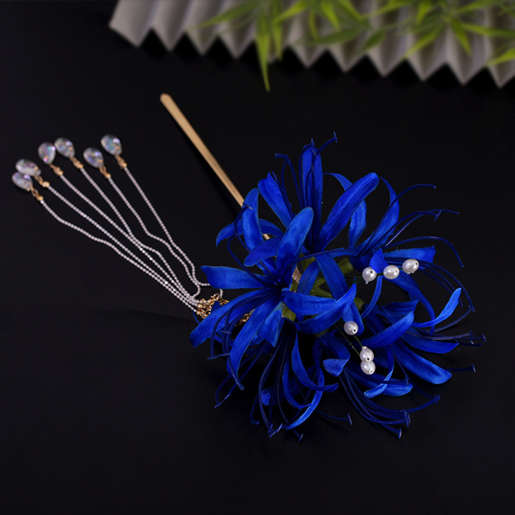 Phụ Nữ Màu Xanh Manjusaka Tóc Handmade Vintage Tua Rua Cặp Tóc Cho Phù Dâu Tiệc Cưới