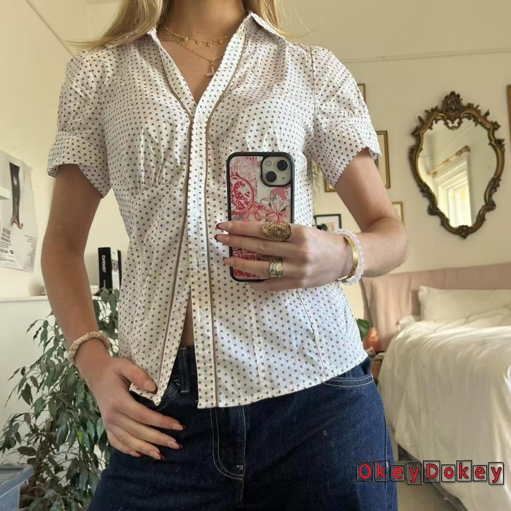 Áo sơ mi Polo nữ tay ngắn họa tiết chấm bi cổ điển