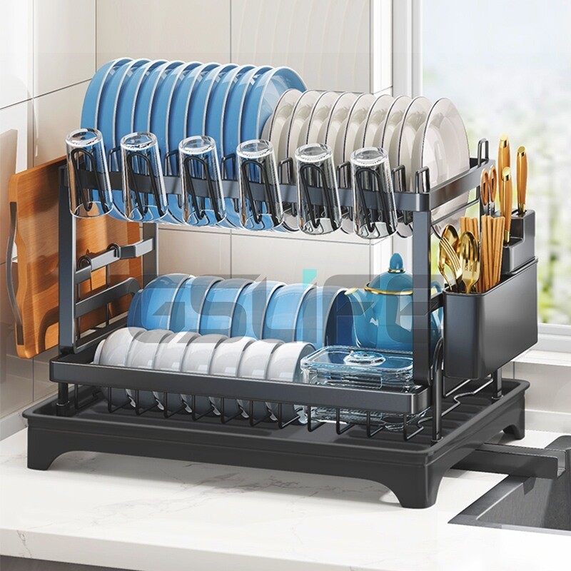 Lifinity Kệ Chén Bát 2 Tầng Gấp Gọn 42cm Có Khay Hứng Nước, Kệ Nhà Bếp Đựng Bát Đĩa Ly, Màu Đen/Trắng