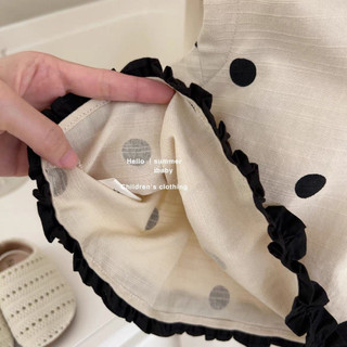 Mùa Hè Bé Gái Chấm Bi Ngọt Ngào Bộ Áo Trẻ Em Vải Lanh Cotton Phiên Bản Hàn Quốc Áo Thun Không Tay + Quần Short Bộ Hai Mảnh Dễ Thương