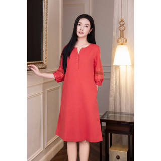 SWANLAKE | Váy Đầm Nữ Suông Cổ Trụ Cài Nút Vải Linen Tay Lỡ Phồng Thêu Hoa Phối Lưới Công Sở D12815