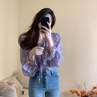 Cổ chữ V, tay nấm ba chiều, voan tím, áo sơ mi họa tiết xù - Size lớn cho ngày thường