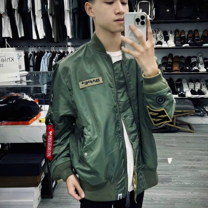 Áo Bomber Cá Mập Bape Xanh Rêu KCloset Áo Khoác Gió Dù 2 Lớp Dày Dặn Dáng Rộng Nam Nữ NA974