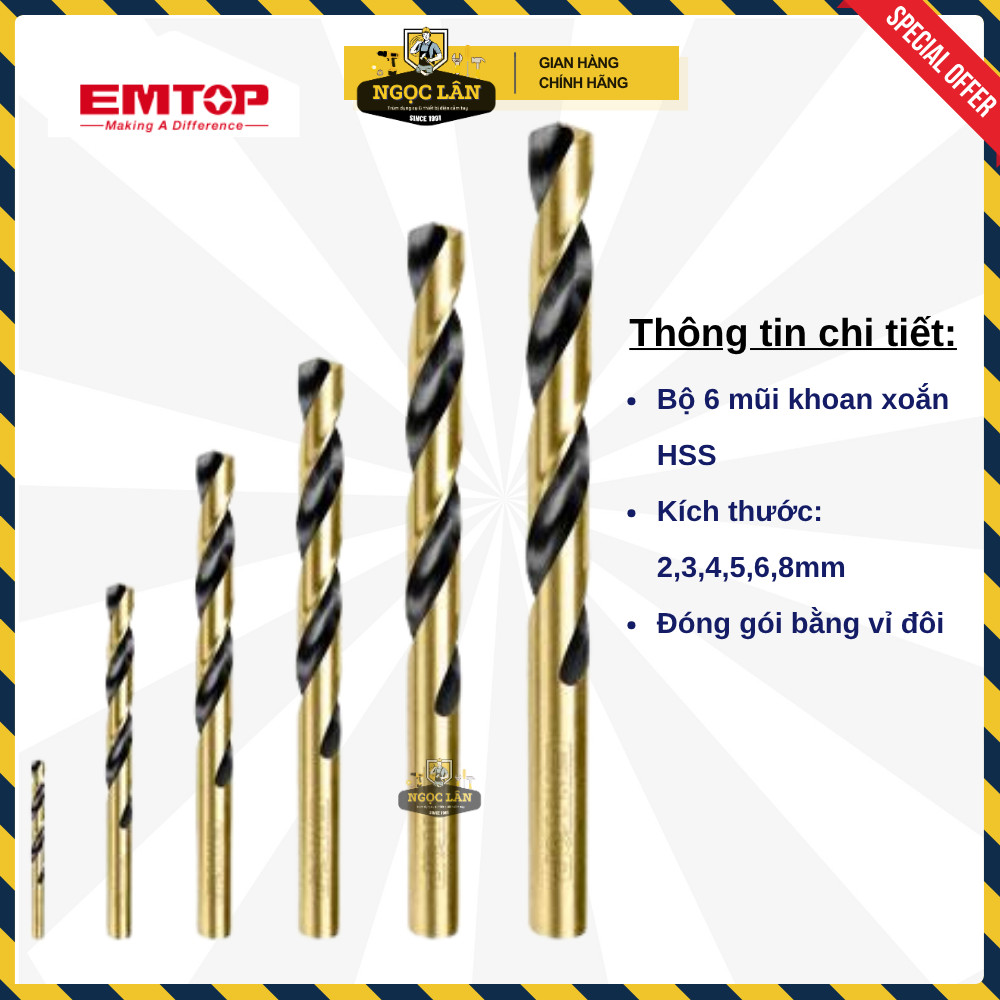 [Chính hãng[ Bộ 6 Mũi Khoan sắt EMTOP thép HSS Đuôi Tròn cao cấp (mã ETDBB11065)