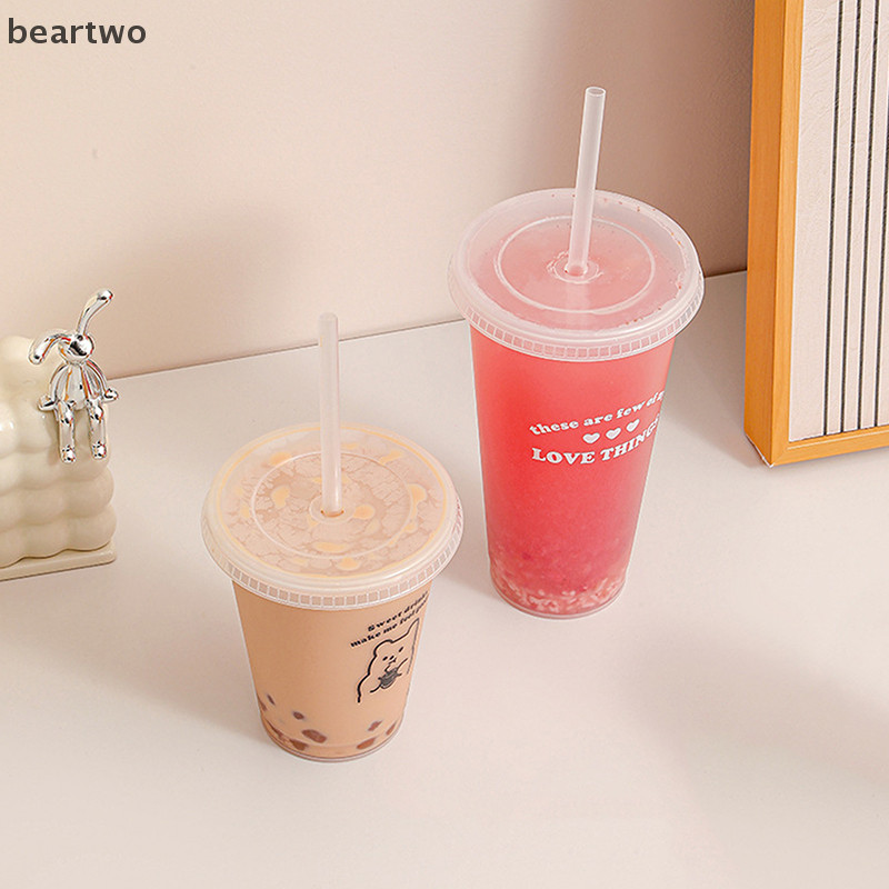< Beartwo > Bình Nước Cho Cà Phê Nước Trà Sữa Nhựa Dễ Thương Lạnh Có Nắp Ống Hút Di Động Có Thể Tái Sử Dụng Đẹp BPA Free Chai Uống
