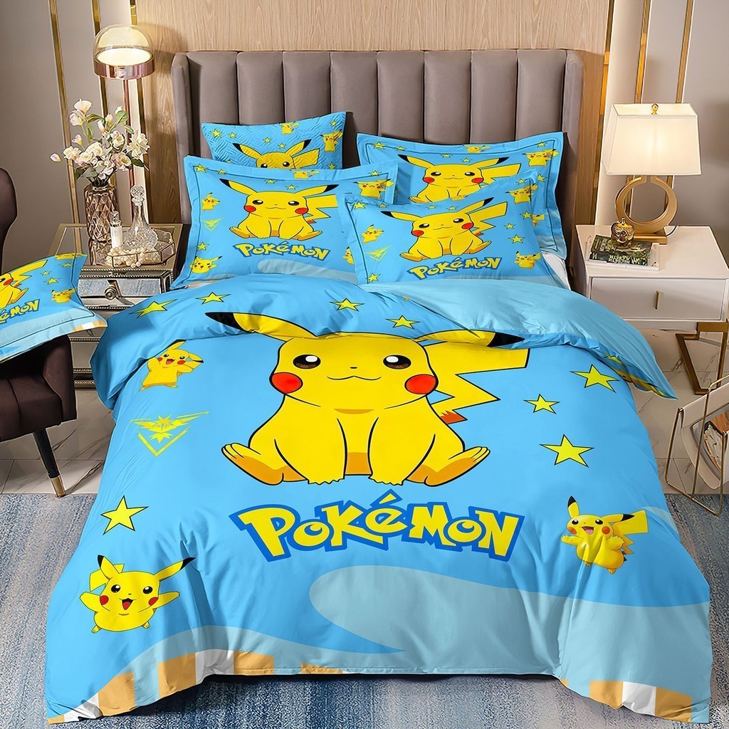 PS1 Pokemon Pikachu 3IN1 Ga trải giường Vỏ chăn gối Bộ chăn ga gối chất lượng cao cấp Bộ đồ giường có thể giặt được tại nhà Bộ đồ phòng ngủ SP1