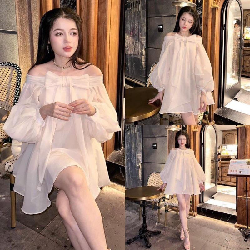 Đầm thiết kế trễ vai nơ bản to chất tơ tay phồng tiểu thư A5687