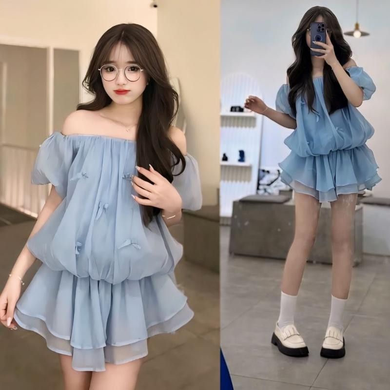 (tặng quần)Áo trễ vai tay bồng form rộng 2 tầng quả bí ngô đính nơ xinh kèm quần trong phong cách bánh bèo điệu đà- A278