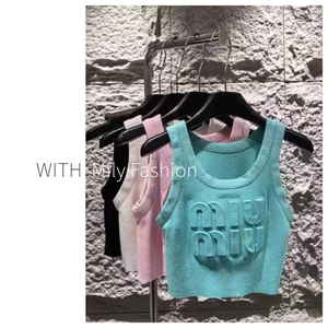 Milyfashion Dệt Kim Mùa Hè Phong Cách Mới Mỏng Sản Phẩm Mới Hàng Dệt Kim Top Chữ Ngắn Dập Nổi Áo yếm Không Tay