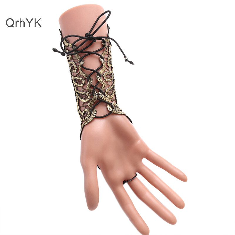 Găng tay ren Gothic Steampunk không ngón, vòng tay vàng đen, ấm cánh tay