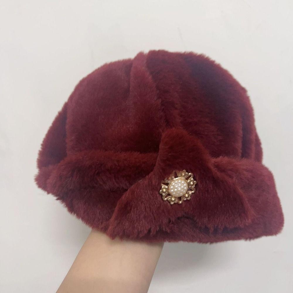 CPINCP Mũ Mùa Đông Nữ, Lông Thỏ Giả Trang Trí Hoa Mũ Xô, Màu Trơn Dày Giữ Ấm Mũ Chống Gió Thu Đông