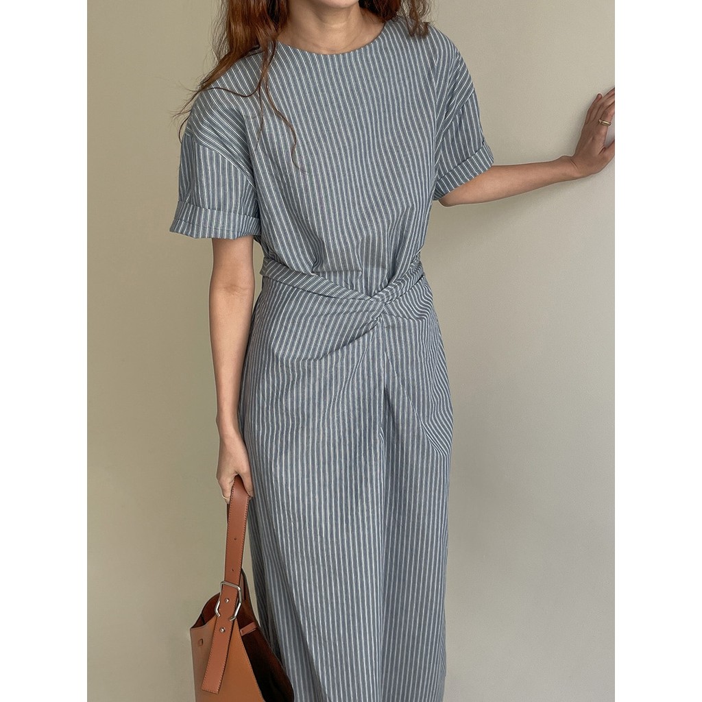 Suxi Hàn Quốc Retro Sọc Thắt Lưng Dài Tay Nữ Midi Đầm 240926