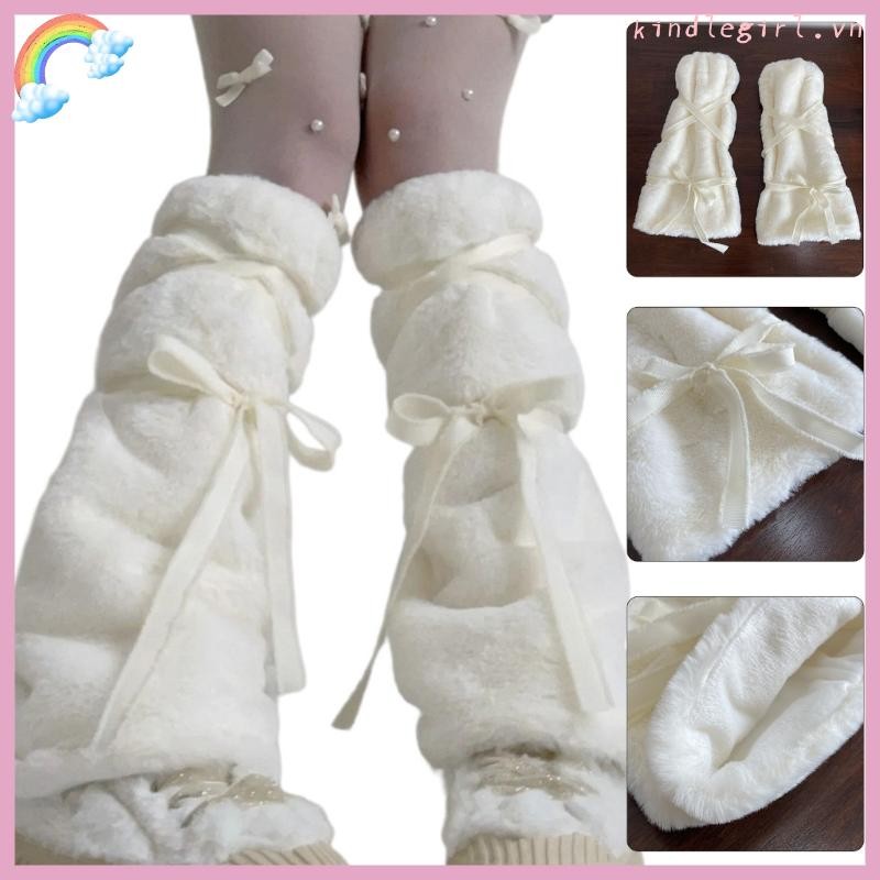 Cute Bowknot Plush Furry Leg Warmers for Women Winter Boot Toppers Long Socks