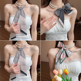 Vòng cổ ngọc trai khăn lụa cổ điển kiểu Pháp để trang trí vòng cổ tinh tế thời trang dành cho nữ