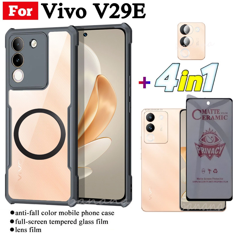 Ốp điện thoại chống sốc 4 trong 1 Vivo V29E có nhãn dán sạc không dây từ tính cho Vivo V27E V25E V23E V40 Lite V50 Lite Kính cường lực bảo mật chống gián điệp + Phim ống kính