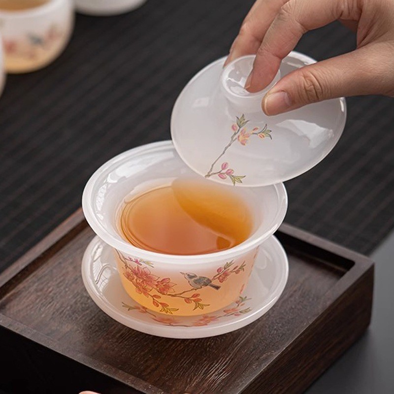 Chén Khải Tiềm Trà Bằng Ngọc Lưu Ly  Họa Tiết Hỷ Thượng My Sảo Cao Cấp Dùng Thưởng Trà