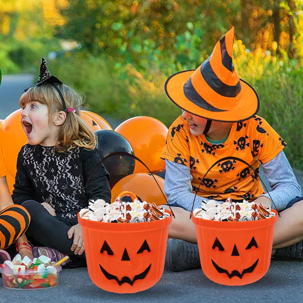 [H & L] Giỏ kẹo mặt bí ngô | Xô Halloween có tay cầm chắc chắn, dung tích lớn 19cm để thu thập lừa hoặc xử lý, trang trí màu vàng