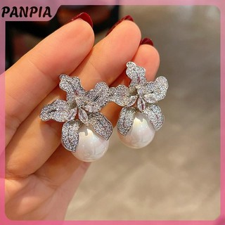 PANPIA-Pháp Thanh Lịch Zircon Hoa Ngọc Trai Mặt Dây Chuyền Bông Tai Nữ Cô Gái Thời Trang Ánh Sáng Sang Trọng Tai Phụ Kiện Trang Sức