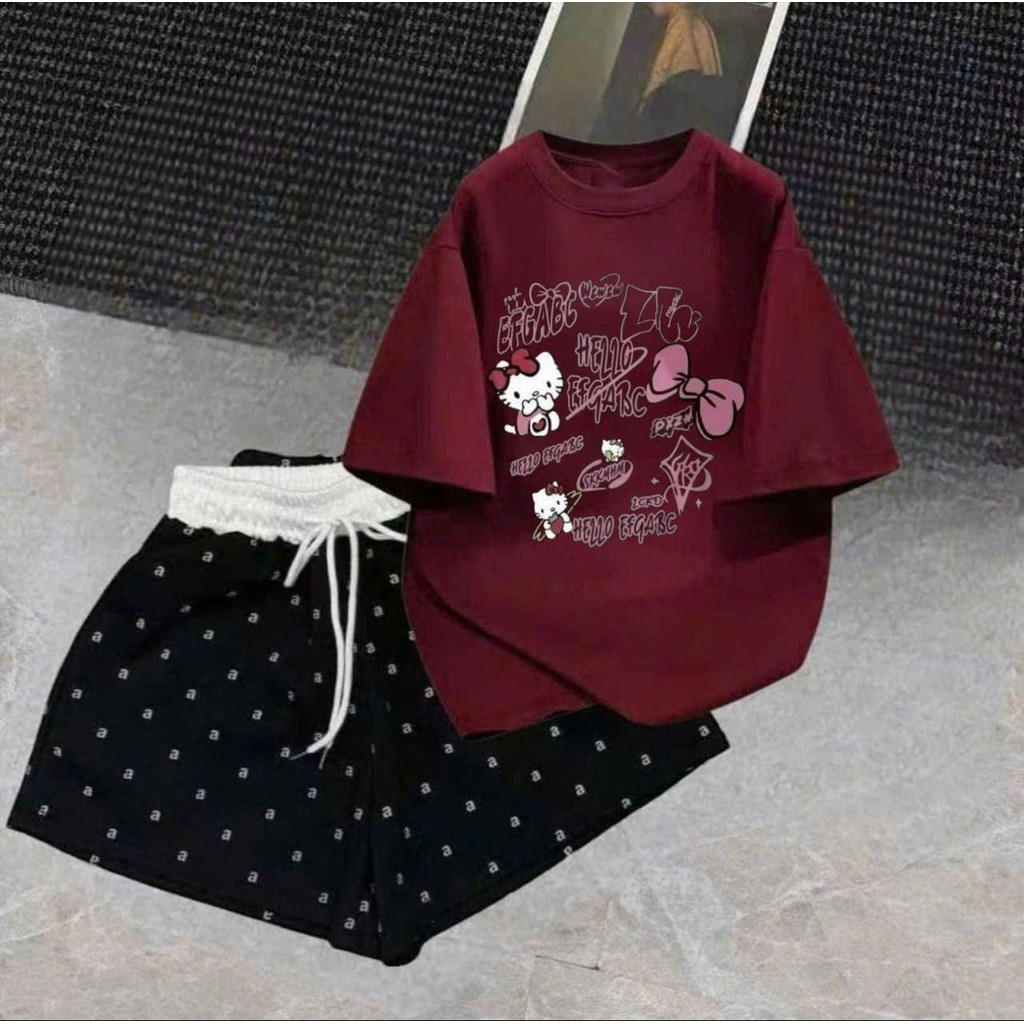 sét bộ quần ĐÙI cộc CHỮ A cạp chun màu trắng +mix áo phông -MÈO CUTE